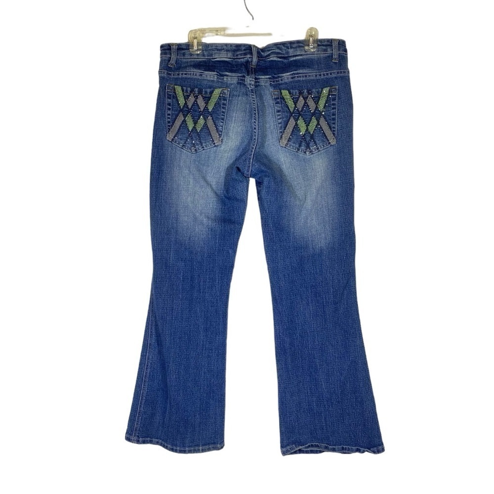 Moto Blues women's size 15/16 denim 5 pocket embroidered flare jeans